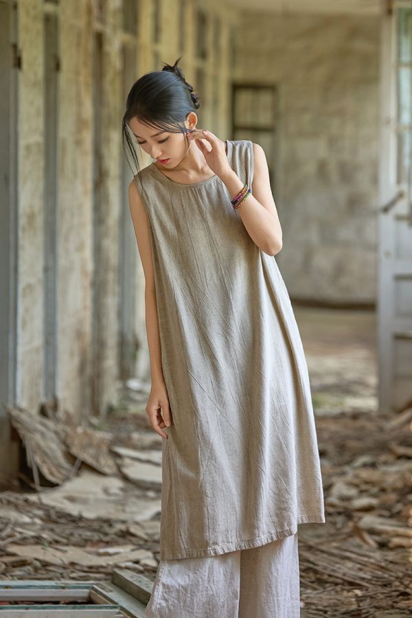 燕燕~秋款 亞麻紮染長裙 寬鬆顯瘦簡約無袖洋裝 連身裙 