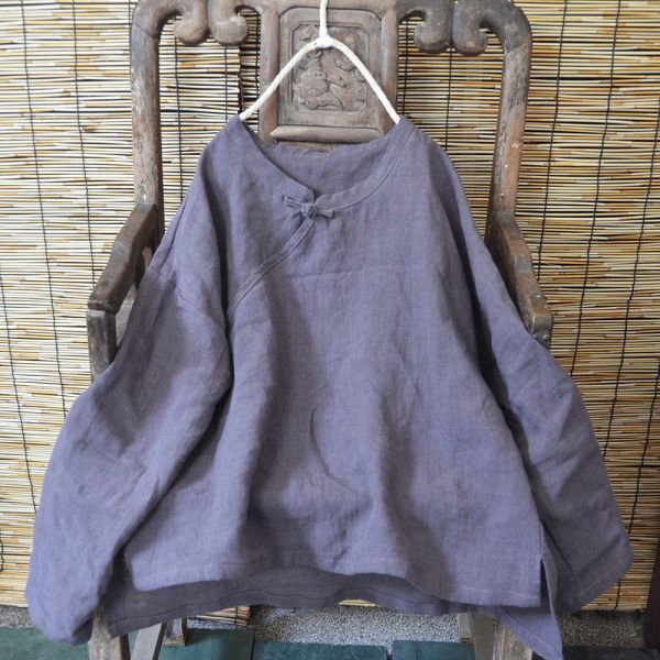 燕燕 春秋款 亞麻小衫文藝復古斜襟 棉麻女裝盤扣上衣 