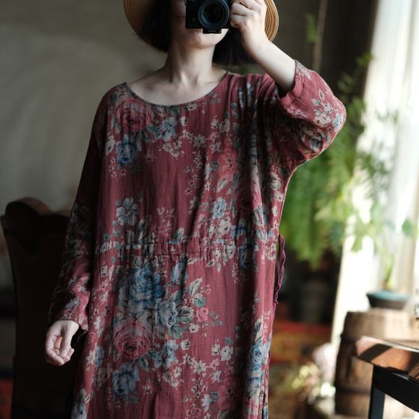 燕燕~棉麻商品~復古紅花側高側抽繩長袍上衣 連身裙。ab151001 