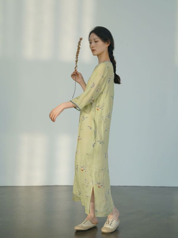 燕燕~棉麻商品~改良旗袍印花圓領斜襟 禪意中國風清透洋裝 連身裙 ab2407201 