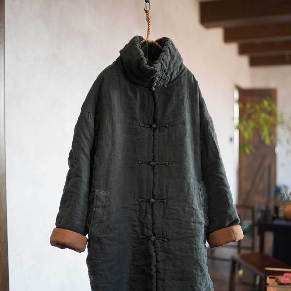 燕燕～堆領保暖 厚棉棉衣砂洗中長亞麻棉服 寬鬆棉衣 厚棉棉衣外套 ab30801 
