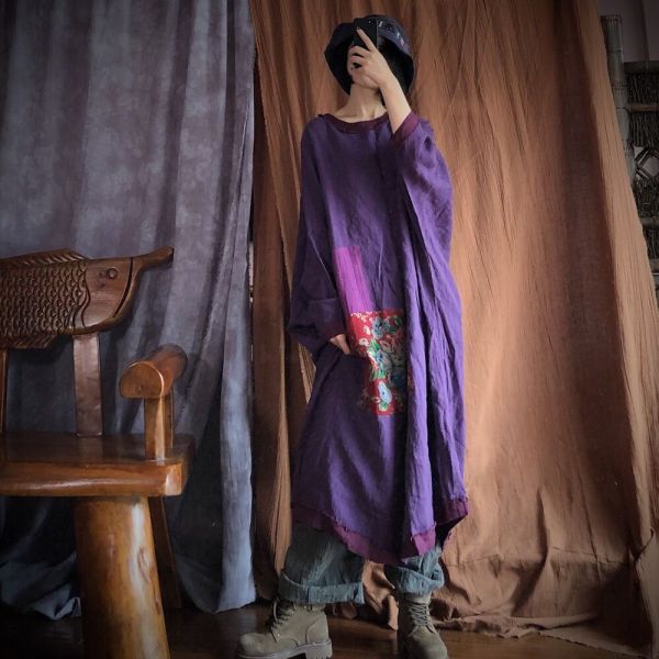 燕燕. 純麻   毛邊撞色大袍洋裝 連身裙。ab143601 