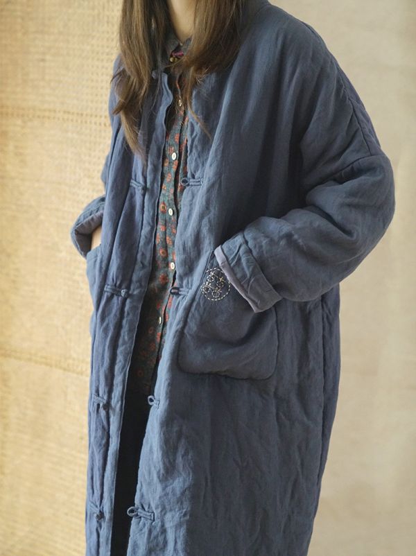 燕燕棉麻～砂洗亞麻加厚材質   加長廓形棉衣中式盤扣夾棉外套  長大衣。ab2141101 