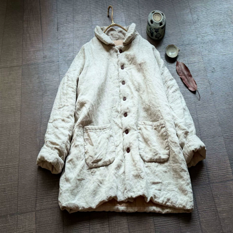 燕燕~秋季新款 高品質砂洗亞麻棉衣藝術復古寬鬆亞麻棉服中長款夾棉外套 ab438901 