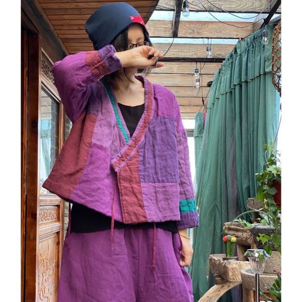 燕燕~棉麻商品~純亞麻 砂洗拼布繫帶棉衣棉服上衣  外套。 ab174601 