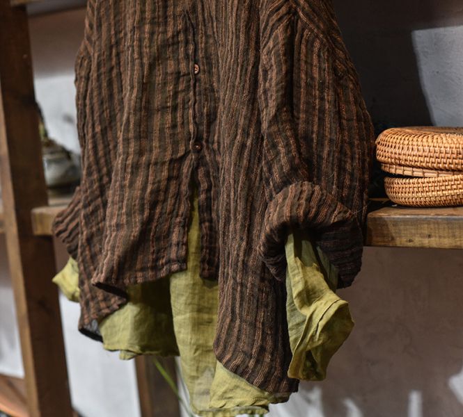 燕燕~ 亞麻   稀疏條紋色織砂洗毛邊外套 百搭長袖休閒寬鬆麻衫 