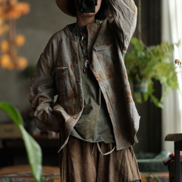 燕燕~亞麻～設計文藝復古做舊寬鬆外套襯衫 (植物染） 
