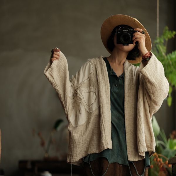 燕燕~復古雙層洗皺棉麻文藝手工繡花貼花開襟外套 ab221601 