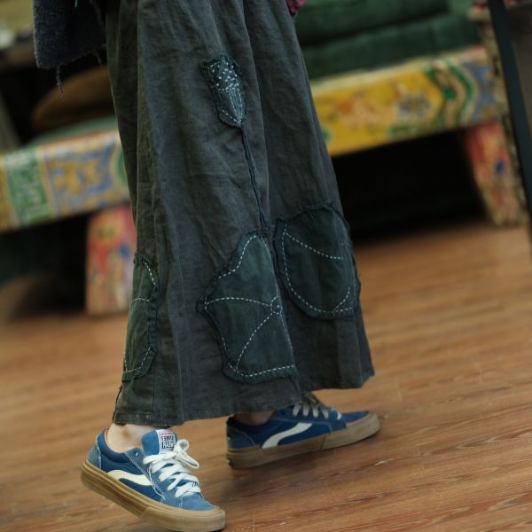 燕燕～春秋款 復古文藝高端水洗亞麻貼花長裙 