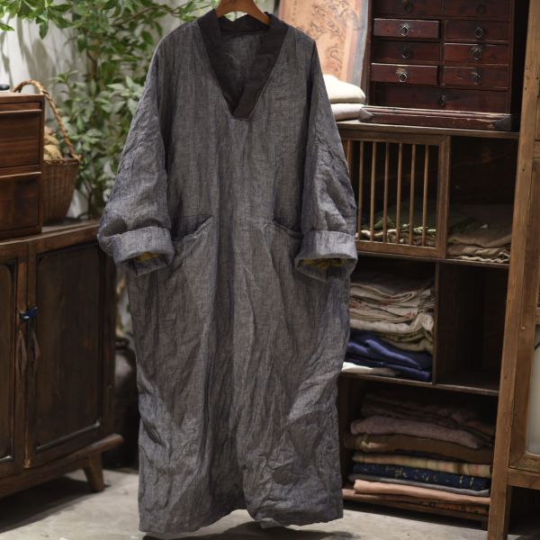 燕燕~色織亞麻v領夾棉復古長棉袍 洋裝 連身裙 (寬鬆版型）此件商品不退換喔 