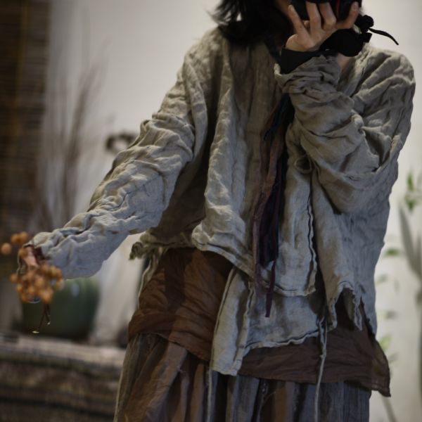 燕燕~亞麻~文藝復古斜襟繫帶小衫 上衣 襯衫 外套 