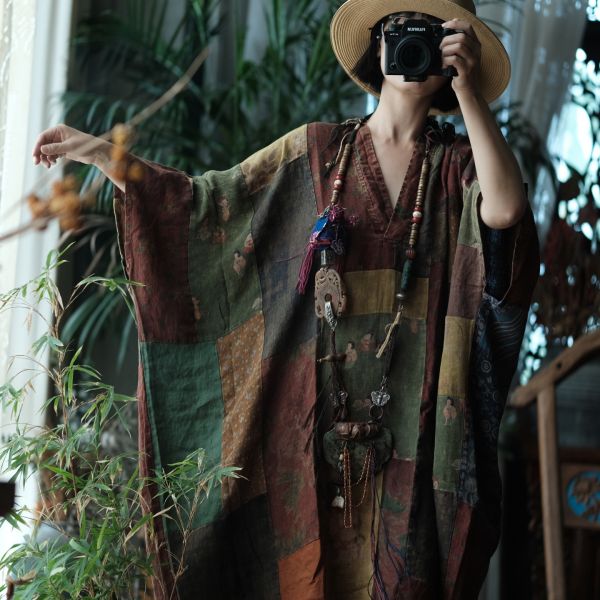 燕燕~寬鬆版型（此件商品不退換）~文藝復古棉麻襯衫裙 休閒寬鬆中袖V領連身裙袍子洋裝 ab221001 