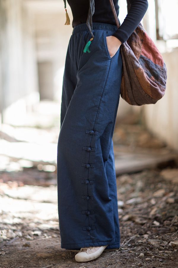 燕燕~秋冬新款 苧麻夾棉絎縫長褲 個性百搭保暖女款直筒棉褲 