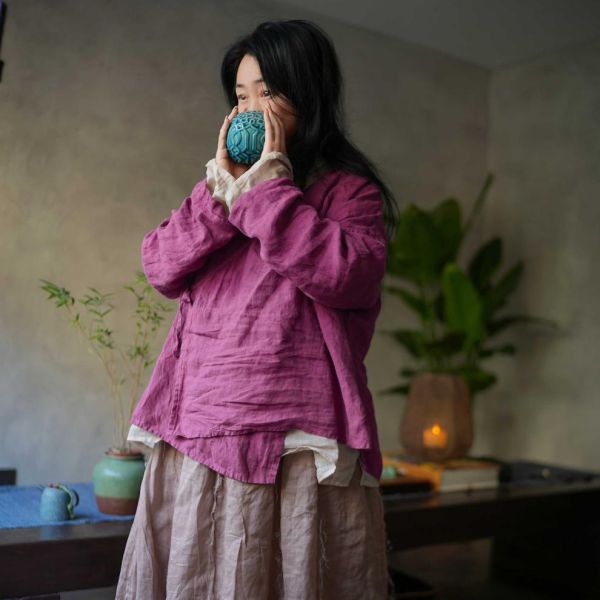 燕燕~砂洗亞麻 傳統交領繫帶百搭長袖襯衫 上衣小開襟衫 