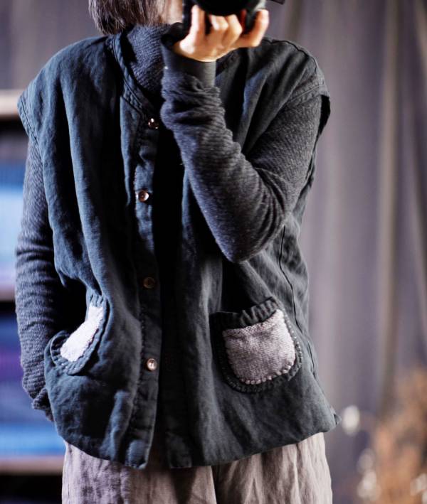 燕燕~亞麻材質 手織棉線口袋中長款開衫  夾棉背心棉麻杉 