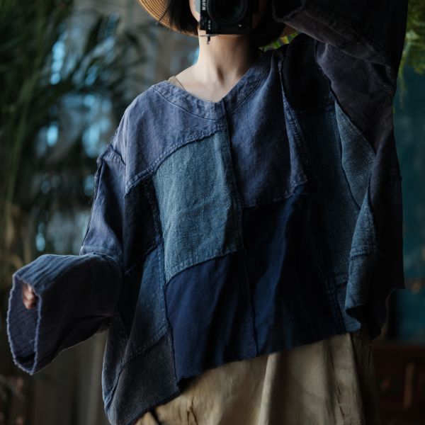 燕燕～水洗棉麻～復古拼布V領毛邊寬鬆小衫 T恤 上衣 ab218201 