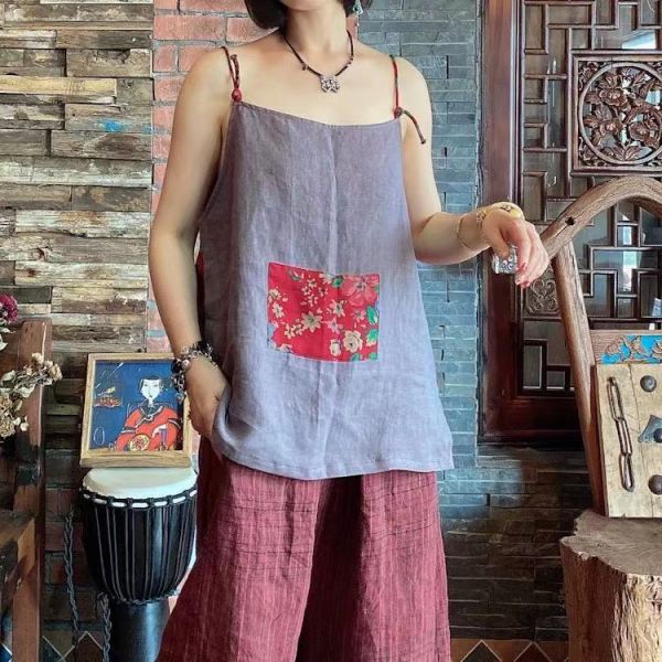 燕燕～夏款  棉麻 百搭舒適拼接前後兩穿寬鬆吊帶上衣 背心棉麻杉 