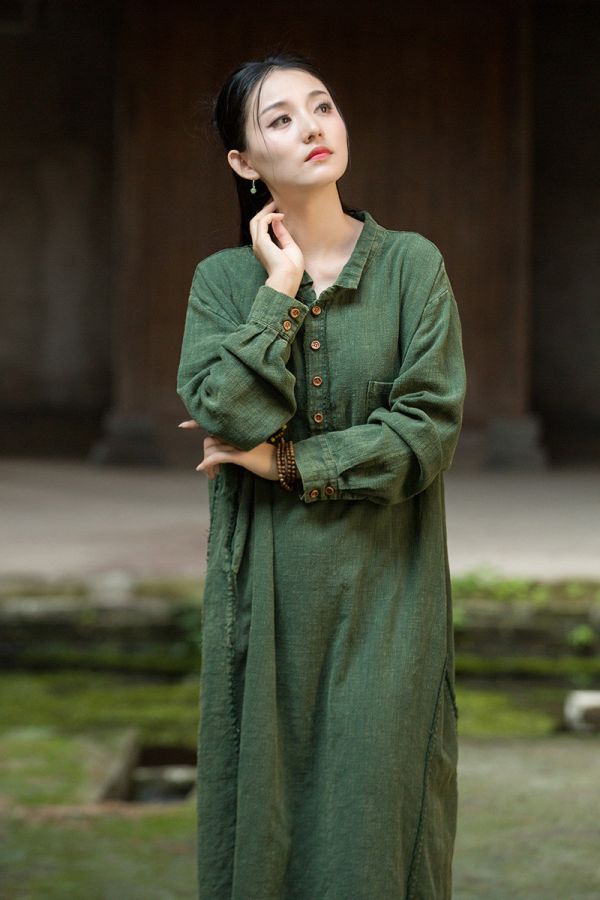 燕燕~秋季新款 莧麻磨毛砂洗炒色女禪意長袍洋裝 連身裙 