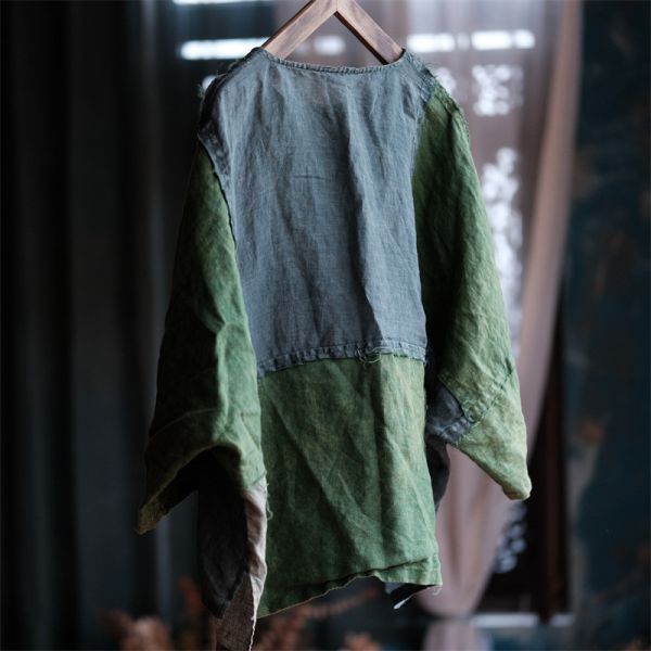 燕燕~秋季新款 純麻  毛邊圓領開叉寬鬆拼接麻衫 上衣 長袖棉麻衫  ab208901 