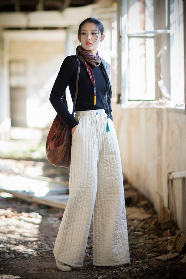 燕燕~冬季新品 苧麻夾棉豎格絎縫闊腿褲 加厚保暖高級感棉褲 