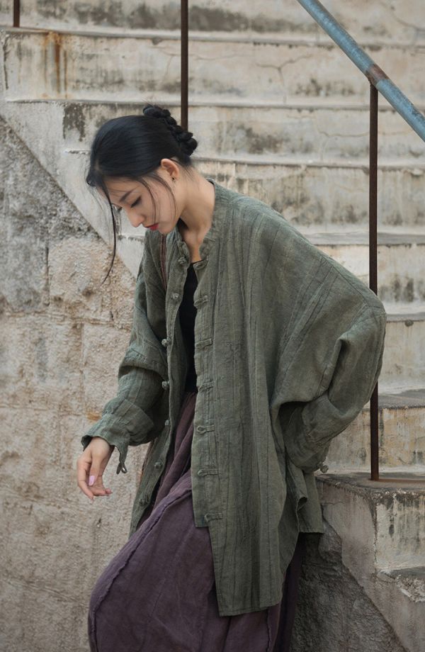 燕燕~夏秋棉麻棉麻商品~苧麻   紮染做舊砂洗改良禪系茶服開襟衫上衣 外套 長袖棉麻衫 