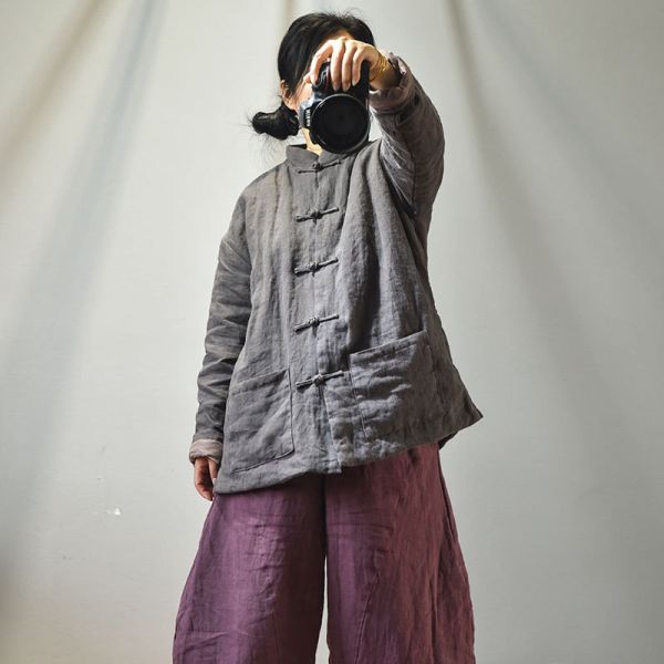 燕燕~秋冬新品～亞麻 中式傳統手縫盤扣禪意棉服 文藝復古男女保暖棉衣外套 