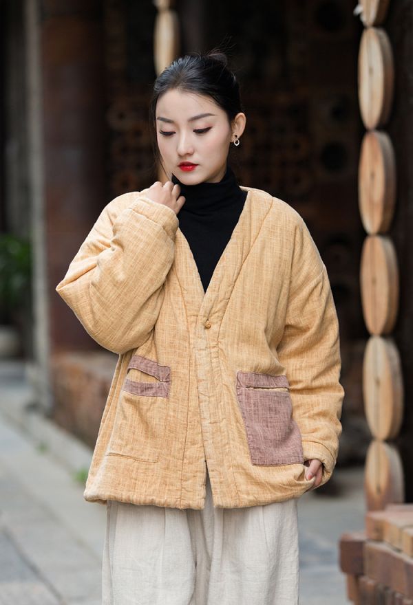 燕燕~棉麻商品~秋冬新品 亞麻   炒色做舊夾棉加厚改良禪意風女式棉服棉衣外套 