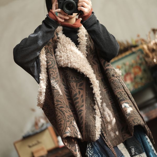 燕燕~復古羊捲毛翻領繫帶夾棉背心 ab227201 