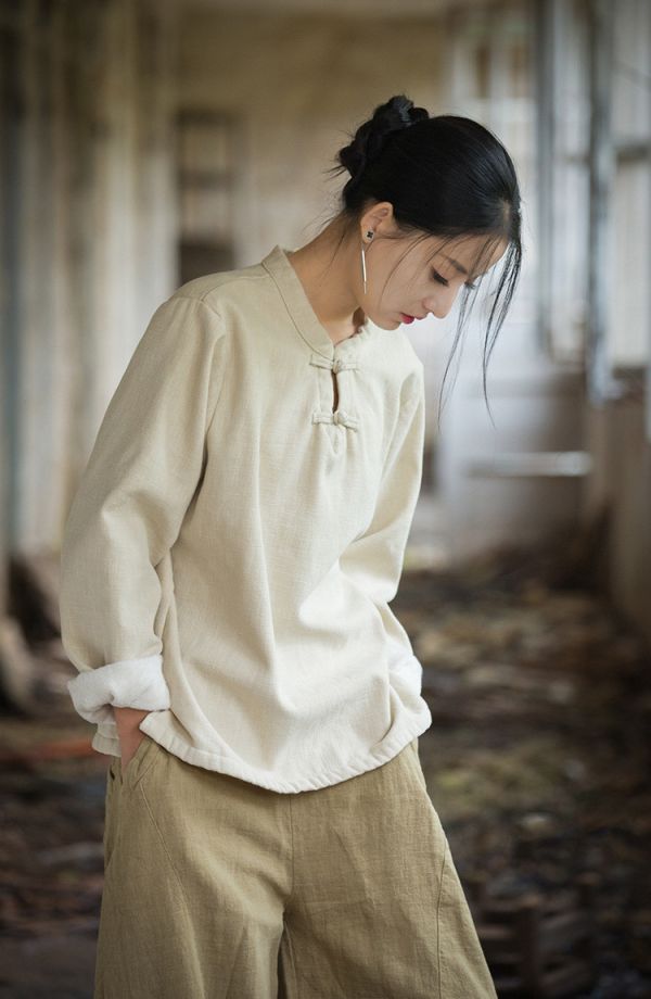 燕燕~秋冬新款 苧麻加絨加厚打底衫 盤扣復古文藝上衣T恤 (加絨加厚設計） 