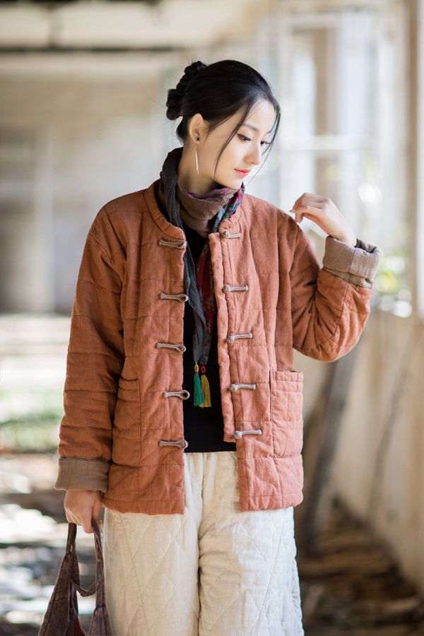 燕燕~冬季新款 苧麻夾棉方格絎縫棉襖短版棉衣外套 