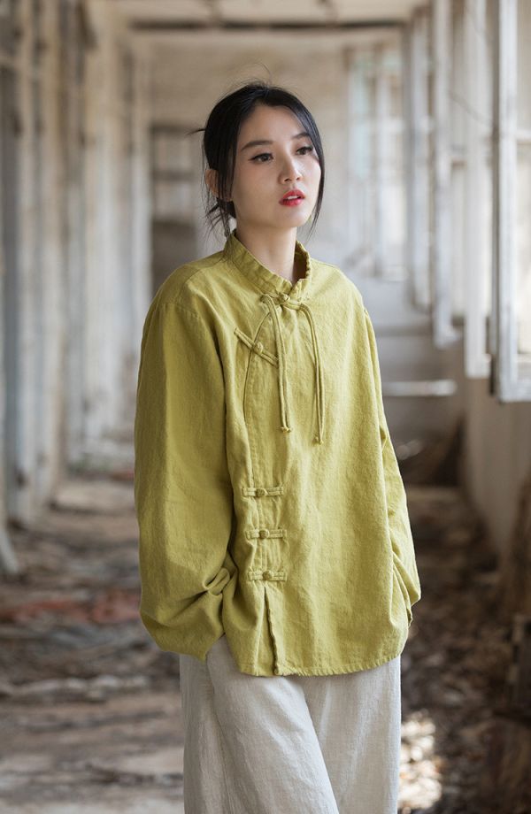 燕燕~莧麻棉 手工盤扣砂洗改良上衣 文藝範女式長袖T恤 