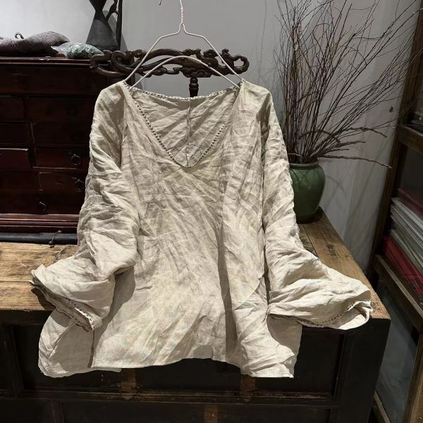 燕燕~棉麻商品~早春款 文藝復古春季苧麻寬鬆落肩小衫 可以買兩件做搭配 