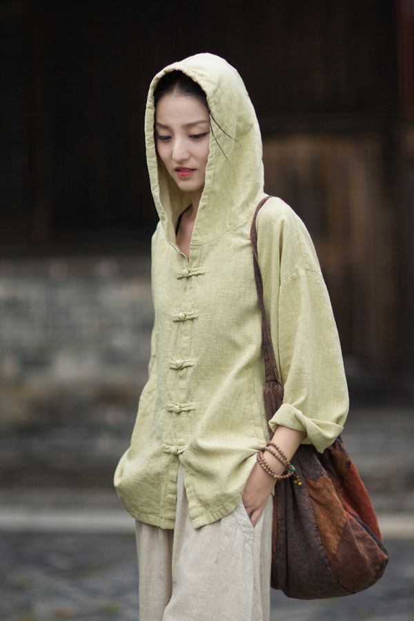 燕燕~秋季新款 苧麻連帽流浪風女式開襟衫 襯衫 外套 