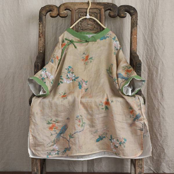 燕燕~棉麻商品 苧麻材質 印花中長款茶服襯衫 復古傳統手工縫盤扣上衣  