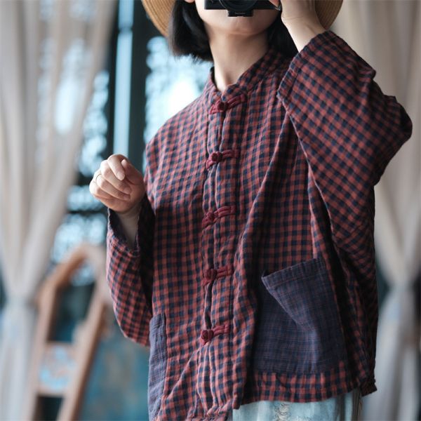 燕燕~棉麻商品~文藝復古民國風寬鬆小格小衫 襯衫 ab203301 