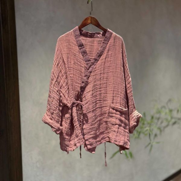 燕燕~高品質粗砂亞麻上衣 休閒復古百搭交領長袖外套 