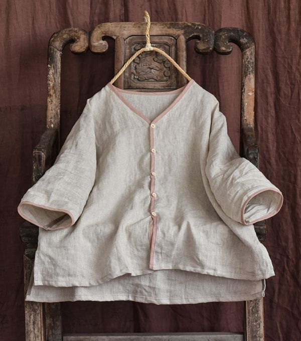 燕燕~亞麻。七分袖撞色邊V領開衫文藝上衣 襯衫 長袖棉麻衫 