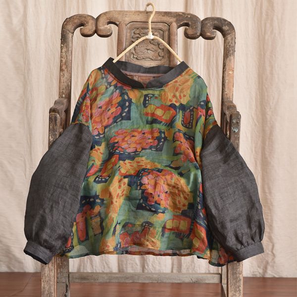 燕燕~春夏秋款  復古印花   寬鬆文藝長袖苧麻上衣 