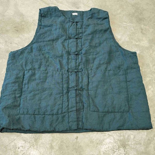 燕燕~色織亞麻中式盤扣雙層夾棉中長棉背心 