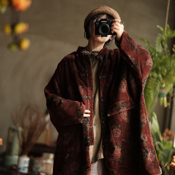 燕燕~秋冬款 文藝復古寬鬆粗條絨夾棉棉衣外套 長袍 ab214501 0 