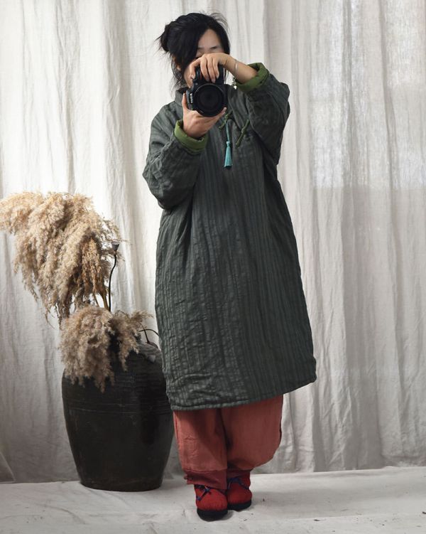 燕燕~秋款 條紋色織亞麻棉袍 復古斜襟盤扣寬鬆長棉衣手縫線棉服連身裙 洋裝 (此件商品不退換） 