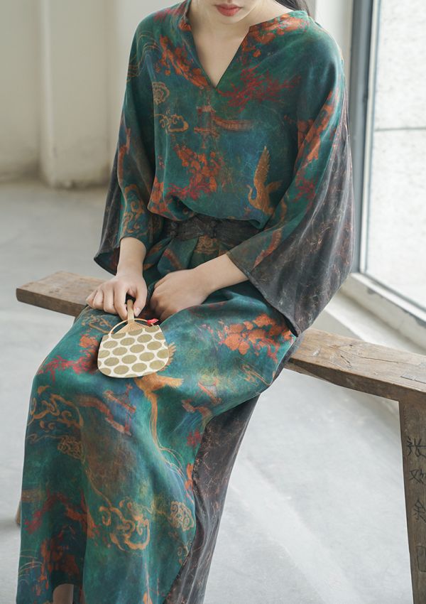 燕燕~棉麻商品~銅氨絲 東方香雲紗印花繭型長袍 寬鬆 洋裝 連身裙  ab2220001 (此款不退換） 