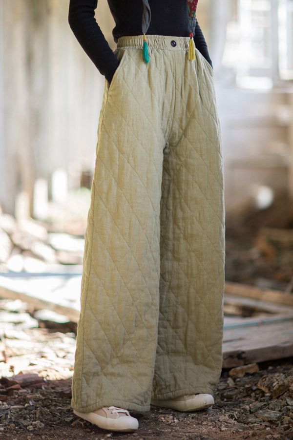 燕燕~冬季新款 苧麻夾棉菱格絎縫長褲  加厚保暖文藝直筒棉褲 