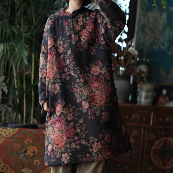 燕燕～文藝復古中式印花立領斜襟棉衣棉袍洋裝 連身裙  ab145901 