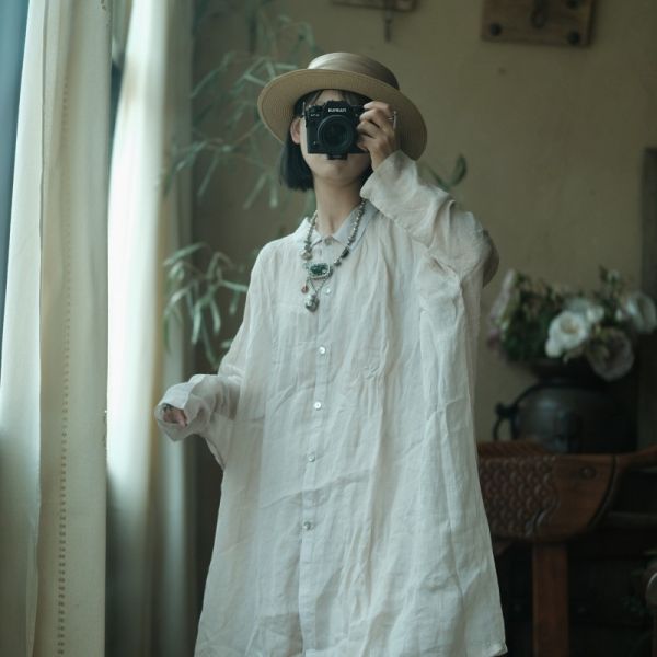 燕燕~水洗麻～寬鬆飄逸蝙蝠袖薄襯衫防曬上衣。ab196101（這件非常寬鬆喔） 