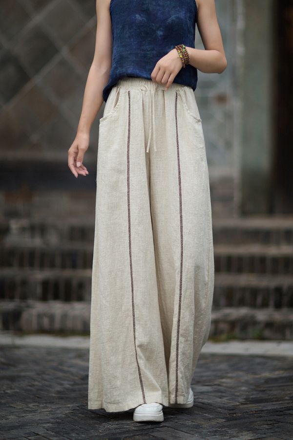 秋季新款 苧麻砂洗個性小眾文藝百搭女式寬褲 長褲 