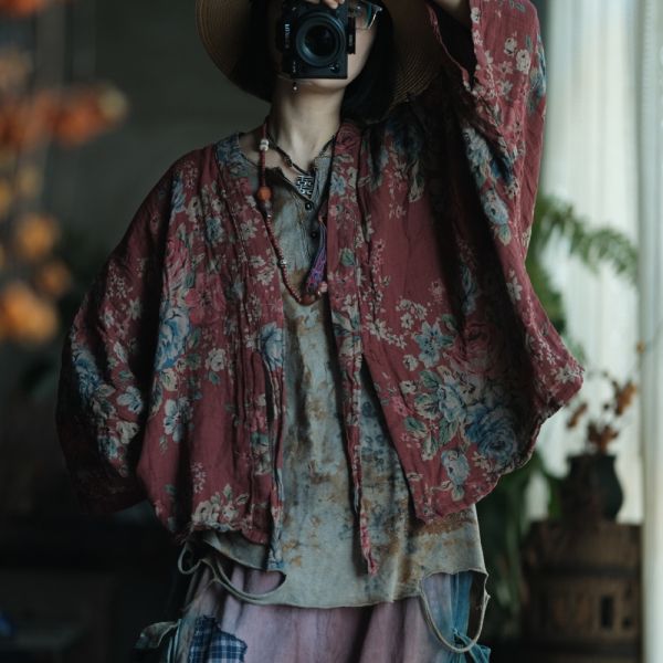 燕燕~棉麻商品~復古文藝棉料印花繫帶外披開襟衫 外套 ab237901 