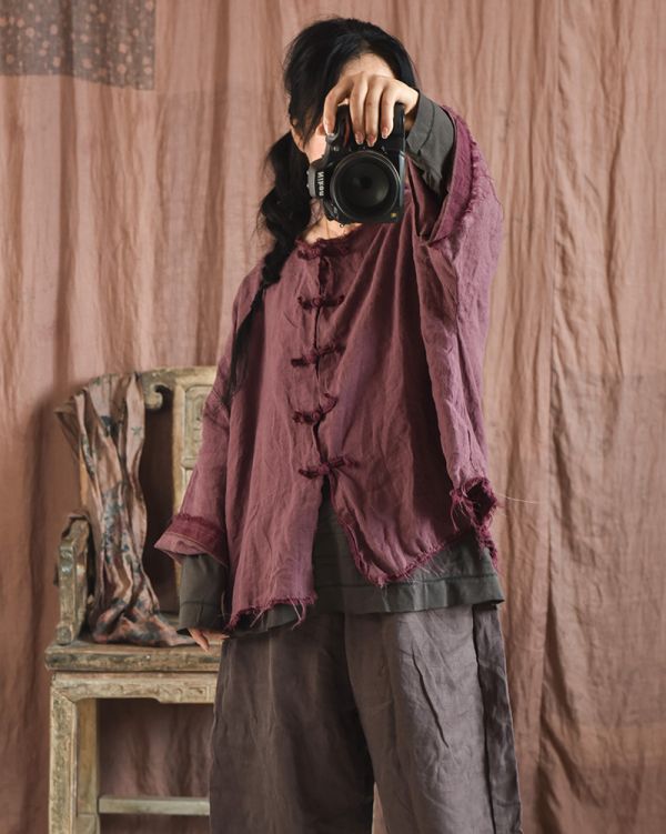 燕燕~亞麻 做舊毛邊上衣  撞色寬鬆盤扣女式短款開衫外套 