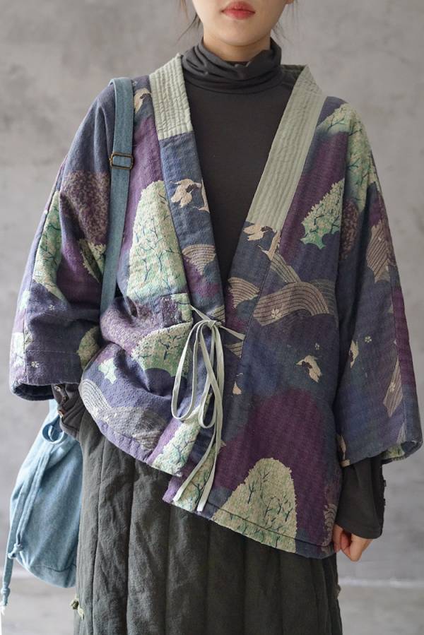 燕燕 秋冬款 數碼印花設計 寬鬆棉衣夾棉外套 和風斜襟茶服外套 ab020601 