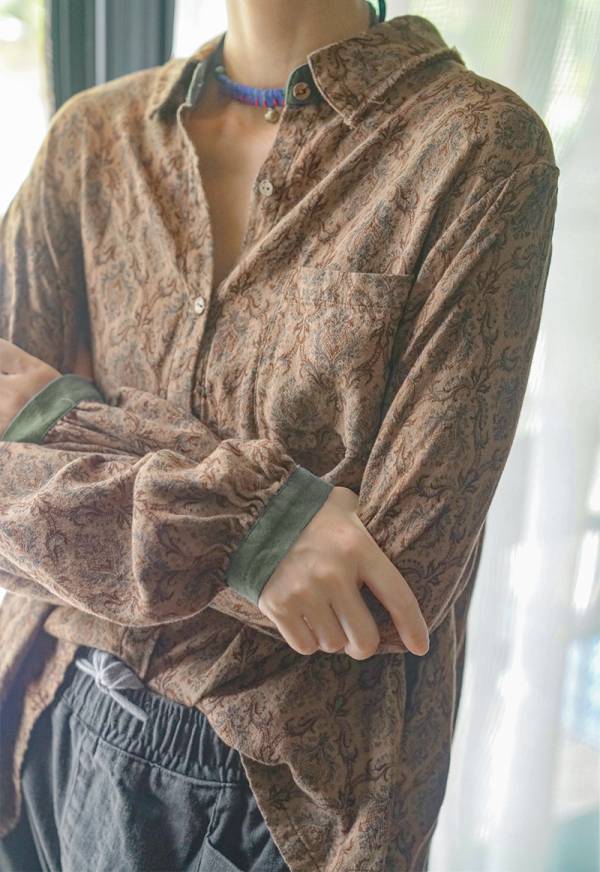 燕燕~棉麻商品~復古香雲紗材質  數碼印花百搭襯衫 文藝休閒寬鬆顯瘦長袖襯衫 上衣 ab2131801 